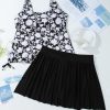 Black Plus Size Printed Square Neck Drawstring Ruffled Tankini Set for Women - Image 14