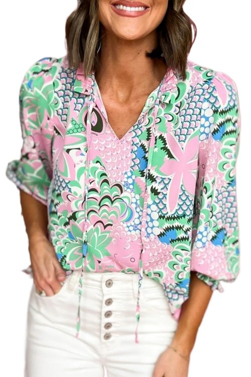 Women's Green Floral Print V Neck Tied Loose Blouse