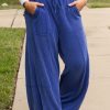 Women's Sky Blue Corded Drawstring High Waist Plus Size Wide Leg Pants - Image 6