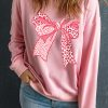 Women's Pink Leopard Bowknot Printed Crewneck Sweatshirt - Image 3