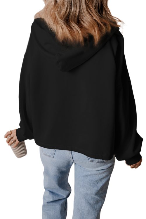 Women's Black Fleece Lined Half Zip Kangaroo Pockets Hoodie