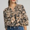 Women's Black Floral Shirred Yoke Boho Blouse with Bracelet Sleeves - Image 3