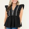 Women's Black Contrast Ricrac Trim Ruffled V Neck Peplum Top for a Chic Look - Image 5