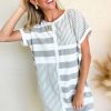 Women's Gray Stripe Mixed Printed Short Sleeve Shift Mini T-Shirt Dress - Image 6