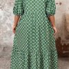 Plus Size Green Geometric Floral Print Maxi Dress with Half Sleeves - Image 10