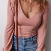 Women's Fushia Plain V Neck Long Sleeve Casual Bodysuit - Image 6