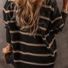 Women's Loose Fit Black Stripe V Neck Buttoned Drop Shoulder Cardigan - Image 3