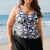 Black Plus Size Printed Square Neck Drawstring Ruffled Tankini Set for Women - Image 5