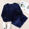 Women's Navy Blue Velvet Ruffled Two Piece Pants Set - Image 9