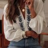 Elegant Women's White Floral Embroidered Frilled V Neck Puff Sleeve Blouse - Image 6