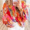 Women's Red Abstract Floral Print Buttoned Ruffled Bubble Sleeve Shirt - Image 5