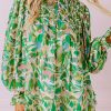 Women's Green Leafy Printed Flounce Sleeve Shirred Mock Neck Blouse - Elegant Floral Design - Image 2