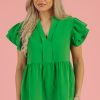 Women's Bright Green Double Ruffle Sleeve Peplum Blouse - Flattering V Neck Top - Image 12