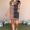 Women's Black Stripe Color Block Quarter Zip Collar Short Sleeve Sweater Dress - Image 2