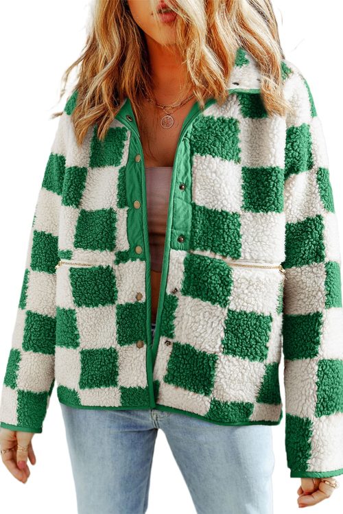 Women's Lapis Checked Snap Button Sherpa Jacket - Cozy and Fashionable Outerwear