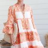 Women's Orange Geometric Print Ruffle Tiered Mini Dress with V Neck - Image 3