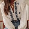 Elegant Women's White Floral Embroidered Frilled V Neck Puff Sleeve Blouse - Image 2