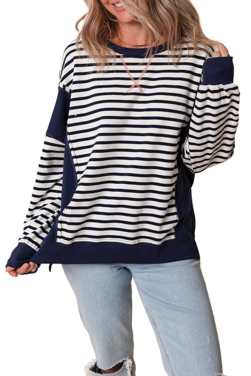 Women's White Stripe Color Block Exposed Seam Loose Fit Sweatshirt