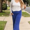 Women's Sky Blue Corded Drawstring High Waist Plus Size Wide Leg Pants - Image 7