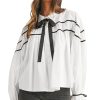 Women's Elegant White Shirt with Black Pipping, Ribbon Bowtie, and Ruffled Puff Sleeves - Image 13