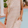 Women's Khaki Stripe Sleeveless Mini Dress with Pockets - Casual Round Neck Style - Image 10