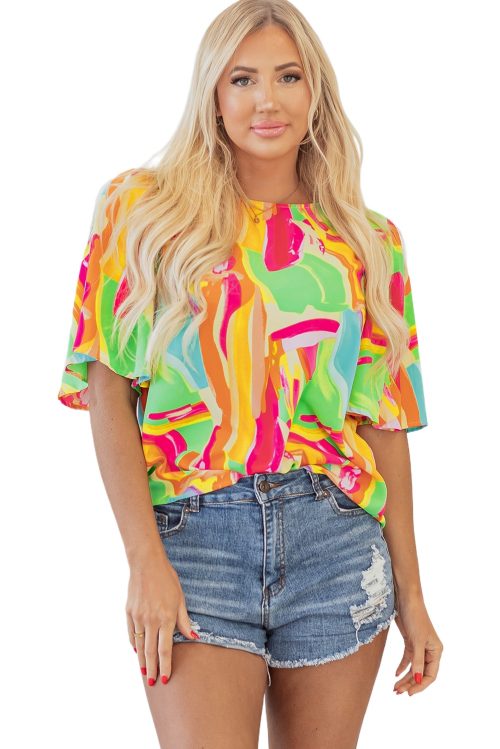 Women's Multicolour Abstract Print Pleated Half Sleeve Blouse with Keyhole Back