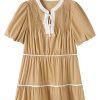 Chic Pale Khaki Puff Sleeve Tied Neck Short Dress with Contrast Trim - Image 12