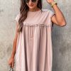 Chic Women's Oatmeal Frilled Trim Crew Neck Loose Fit Mini Dress - Image 4