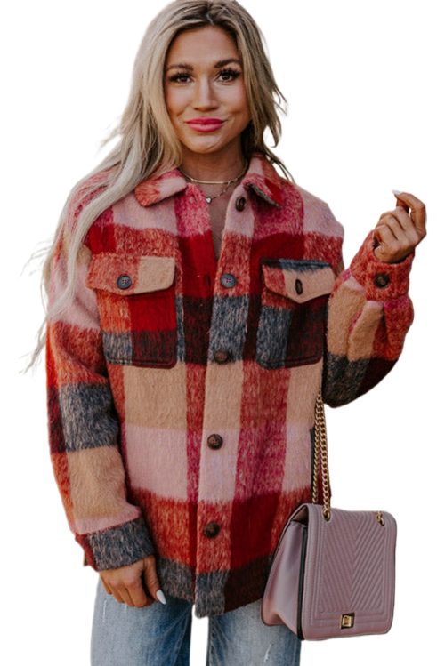 Plus Size Women's Orange Plaid Print Flap Pockets Buttoned Casual Jacket