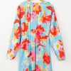 Sky Blue Floral Mini Dress with Empire Waist and Bishop Sleeves - Image 10