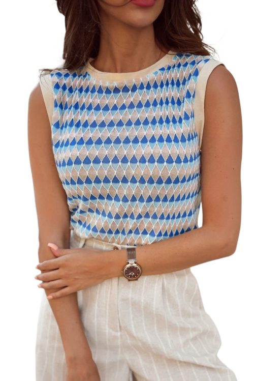 Women's Sky Blue Stripe Geometric Print Round Neck Slim Fit Sweater Vest