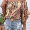 Women's Apricot Paisley Printed Off Shoulder Blouse with Ruffled Draped Sleeves - Image 12