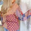 Plus Size Orange Floral Geometric Patchwork Lace-up Crewneck Blouse for Women - Image 2