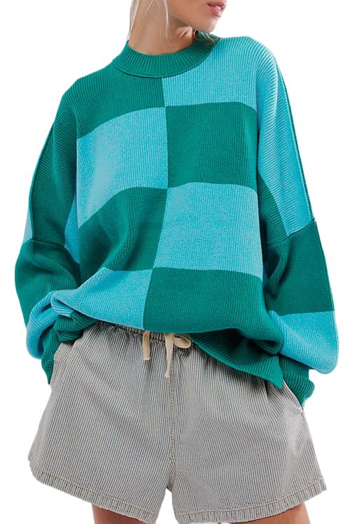 Women's Green Checkered Oversized Sweater with Side Slits Drop Shoulder