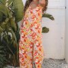 Women's Orange Floral V Neck Wide Leg Sleeveless Jumpsuit - Casual Summer Style - Image 5