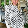 Women's White Bow Knot Print Ruffled Crew Neck Blouse with Piping Trim - Image 3