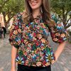 Women's Black Tropical Print Bubble Sleeve Knot Front Blouse for Summer Style - Image 3