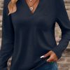 Women's Dirty Blue Notch V Neck Long Sleeve T-Shirt with Pocket - Image 7