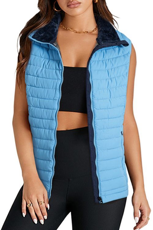 Women's Sky Blue Plush Collared Quilted Zipped Puffer Vest for Winter Style