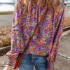 Women's Purple Floral Allover Print Shirred Cuff Frilled O Neck Blouse - Image 7