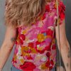 Women's Red Abstract Print Split V Neck Ruffle Short Sleeve Blouse for Summer - Image 2