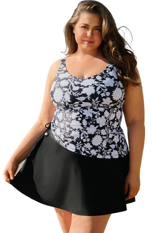 Black Plus Size Printed Square Neck Drawstring Ruffled Tankini Set for Women