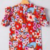 Women's Brown Flower Print Self Tie Frilled Collar Puff Sleeve Blouse - Image 14