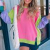 Women's Pink Colorblock Exposed Seam Crewneck Casual Sweatshirt - Image 2