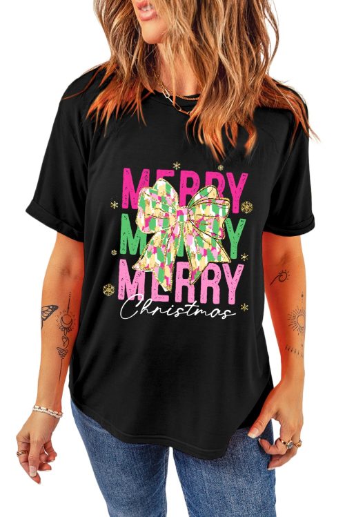 Women's Black Merry Christmas Brushwork Bow Printed Graphic T-Shirt