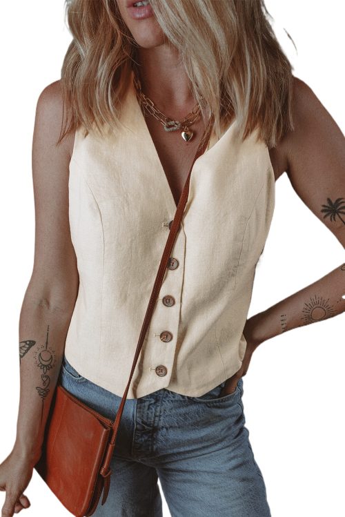 Women's White Slim Fit Buttoned V Neck Vest - Elegant Layering Piece