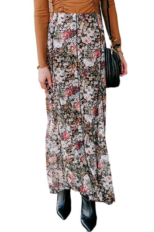 Women's Brown Floral Print High Waist Maxi Skirt - Elegant Flowy Design