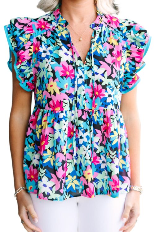 Plus Size Women's Blue Floral Flutter Sleeve Blouse with Tied Notched Neck