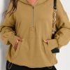 Women's Brown Oversized Kangaroo Pocket Half Zipper Hoodie - Image 2