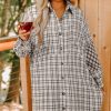 Plus Size White Stripe Plaid Buttoned Raw Hem Tunic Shirt Dress for Women - Image 6